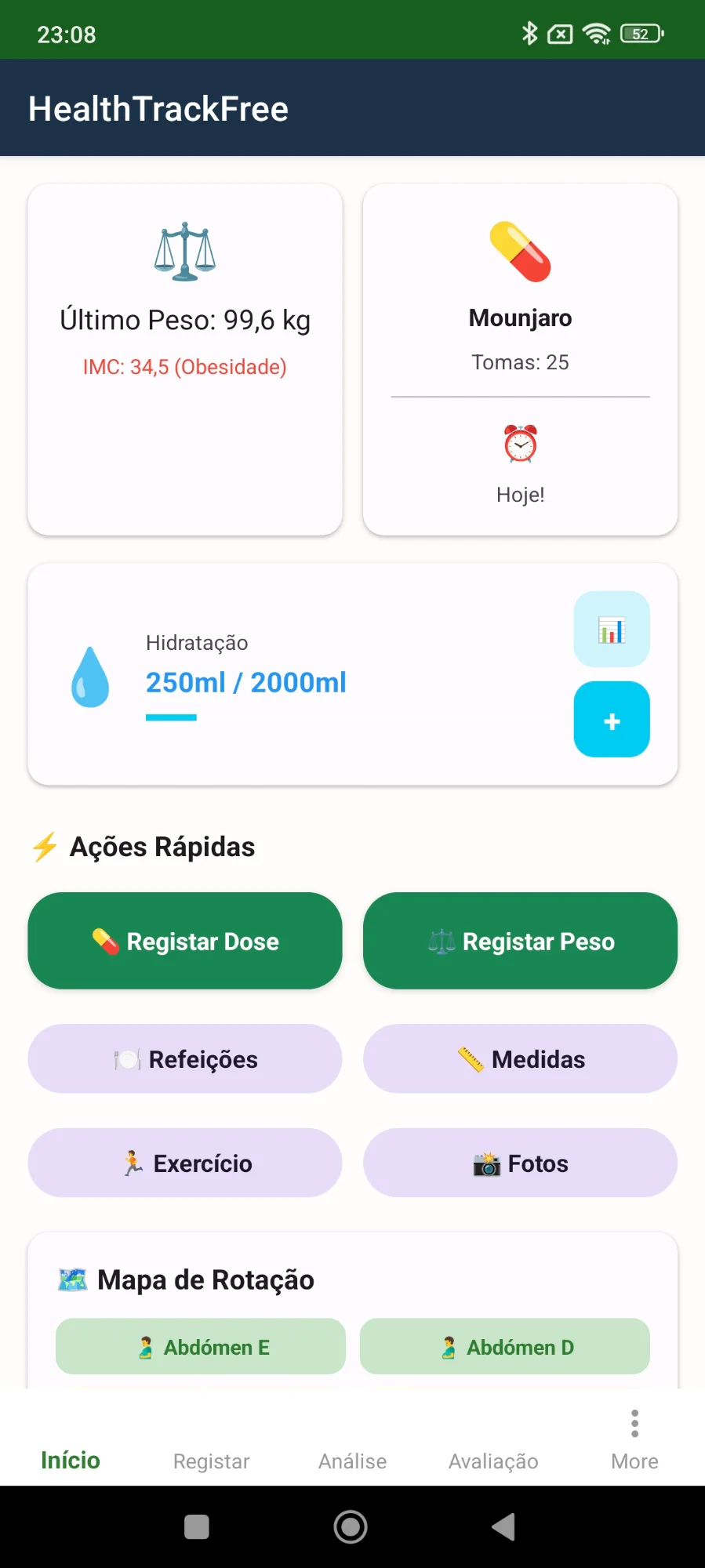 HealthTrackFree home screen with medication tracking and hydration monitor
