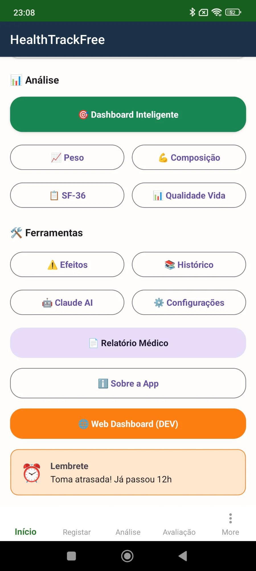 Analysis and tools menu with various health tracking options