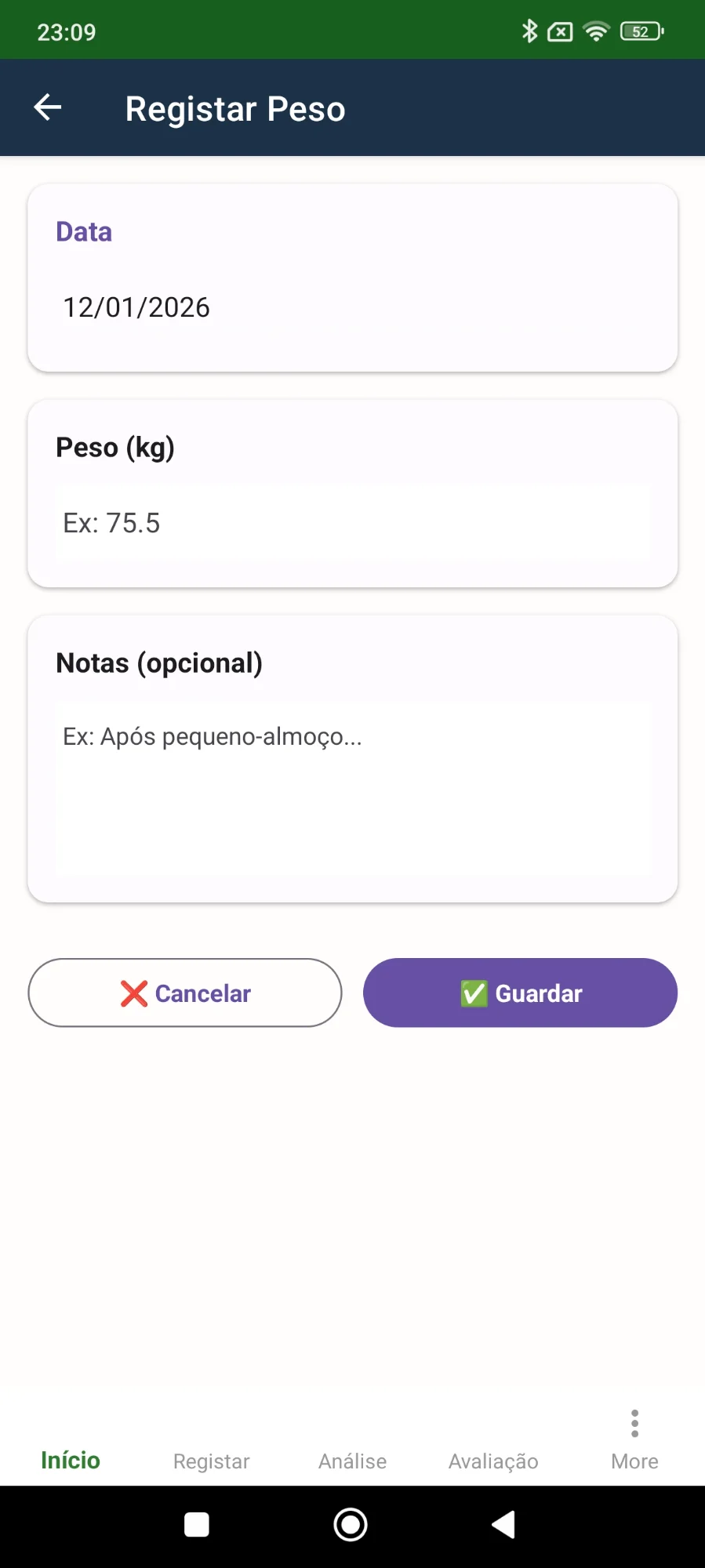 Weight registration form with notes field